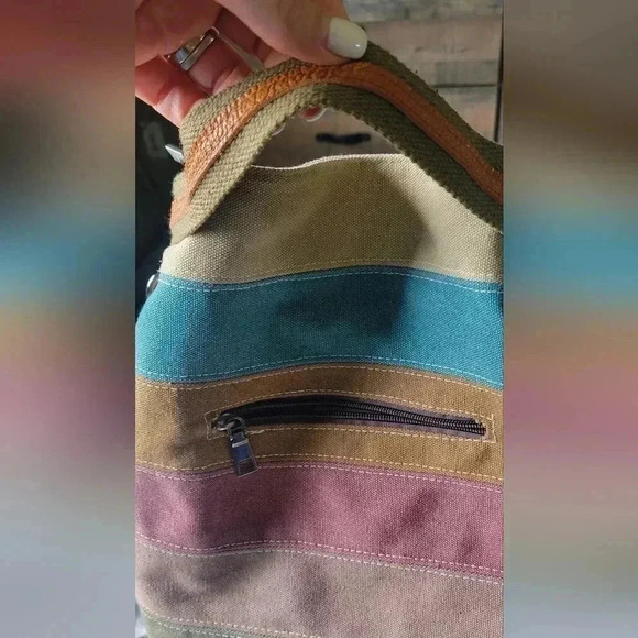 Women's Shoulder Bag , Canvas Cross Body, Durable Multi Color Striped Tote - Picture 3 of 7